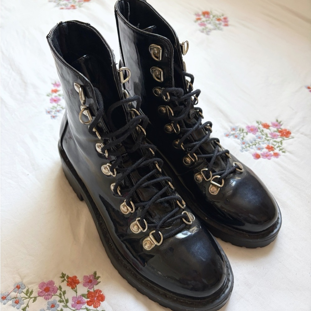 Black Lace-Up Patent Combat Boots - Women's